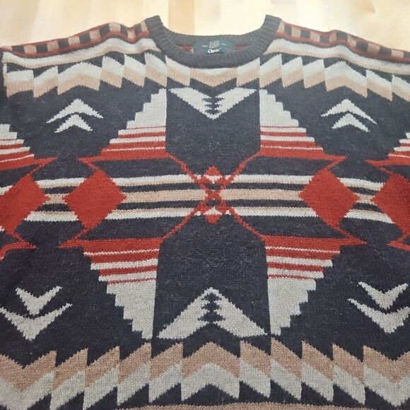 Vintage Orvis Sweater Shetland Wool Mens Xtra Large Red Brown Aztec Knit - Picture 1 of 16